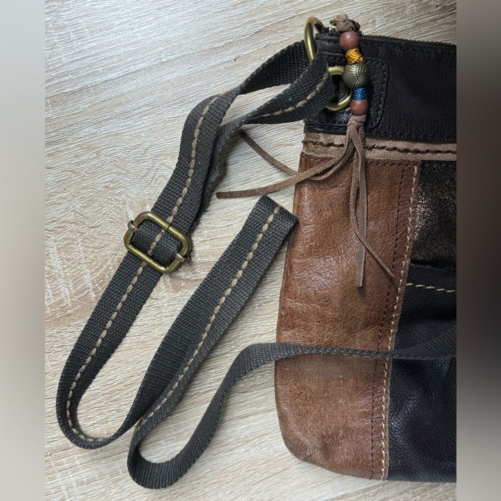 The Sak Women Brown Leather Crossbody Shoulder Bag Adjustable Canvas Strap Boho - Picture 7 of 11